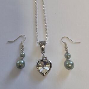 Crystal Heart Silver-tone Pendant Necklace w Faux Pearl Dangle Earrings #1